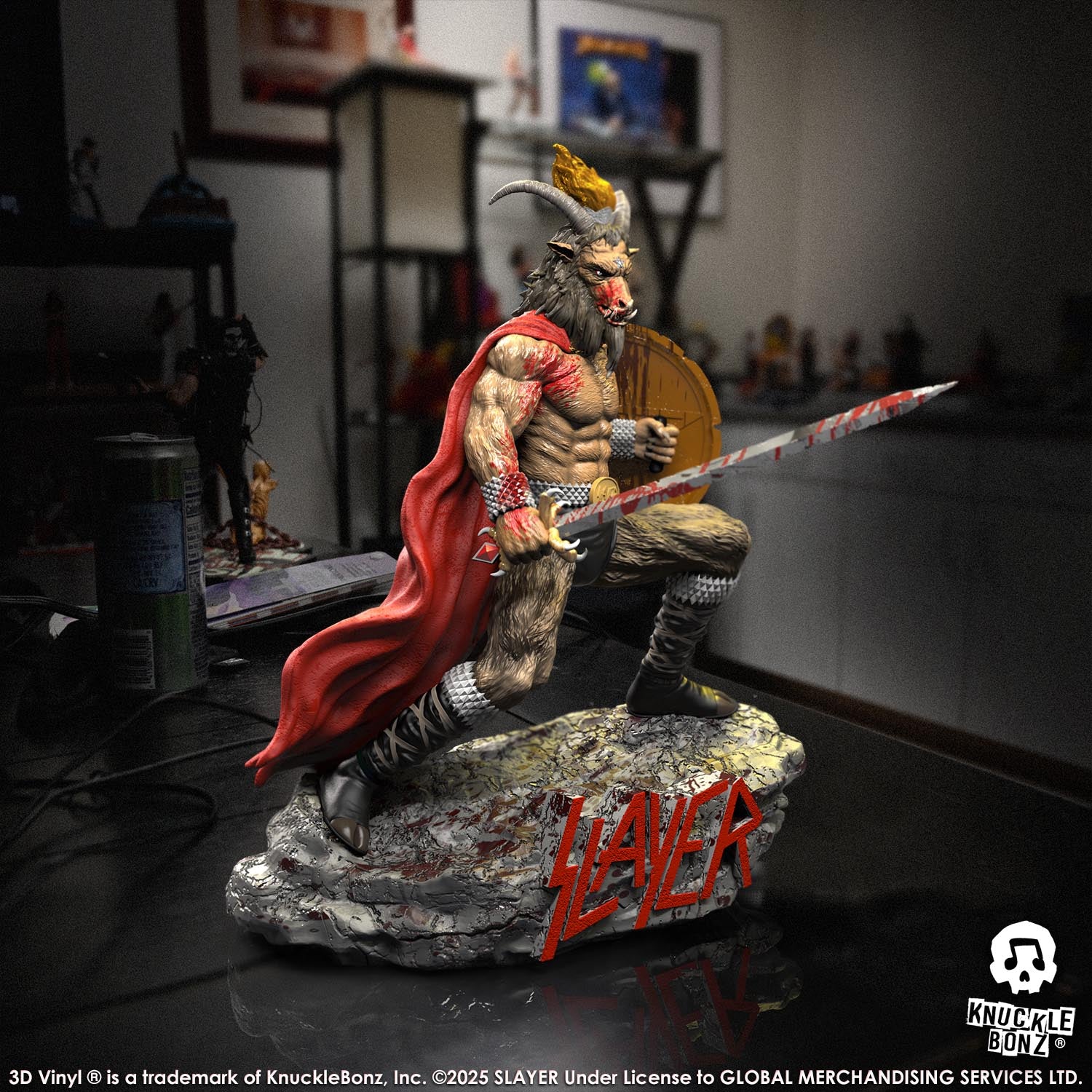 Statue of the Slayer Show No Mercy statue with a sword and shield, featuring the Slayer logo with a studio background